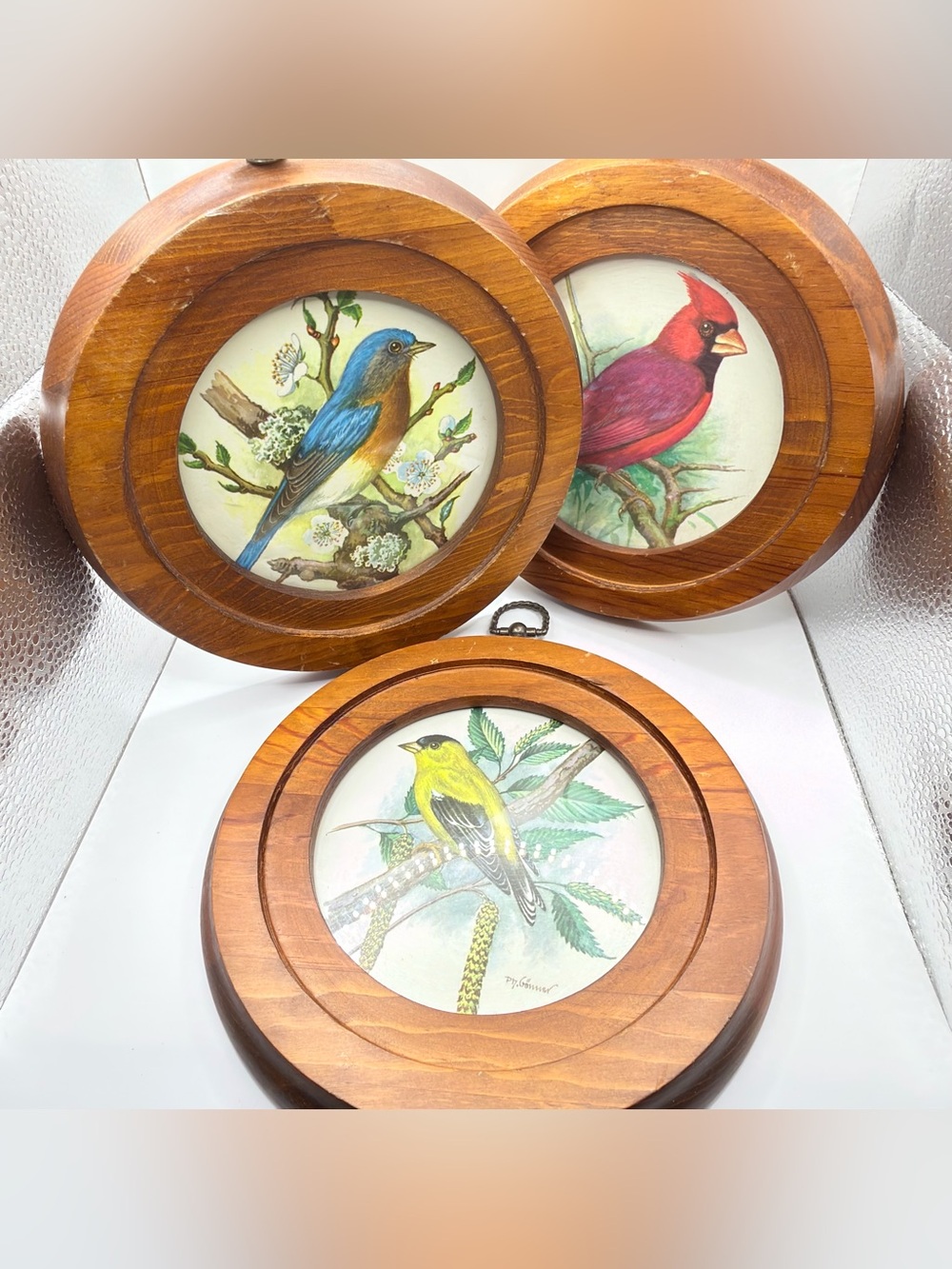 3 Vintage P.H. Gonner Bird Wooden round Art Plaques bluebird/cardinal/goldfinch